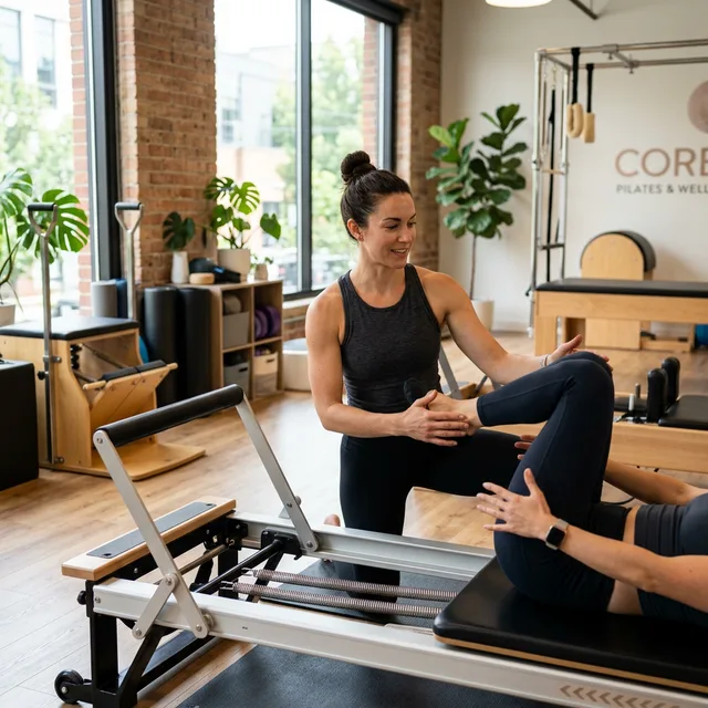 An instructor guiding a client through a Pilates exercise on a reformer